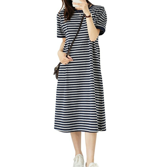 【クリアランスセール】スイモク 半袖ワンピース ボーダー柄 レディース ボーダーワンピース シマシマ 肌触りの良い素材 半袖ワンピース 夏 ロングワンピース リゾートワンピース オーバーサイズTシャツ5682464