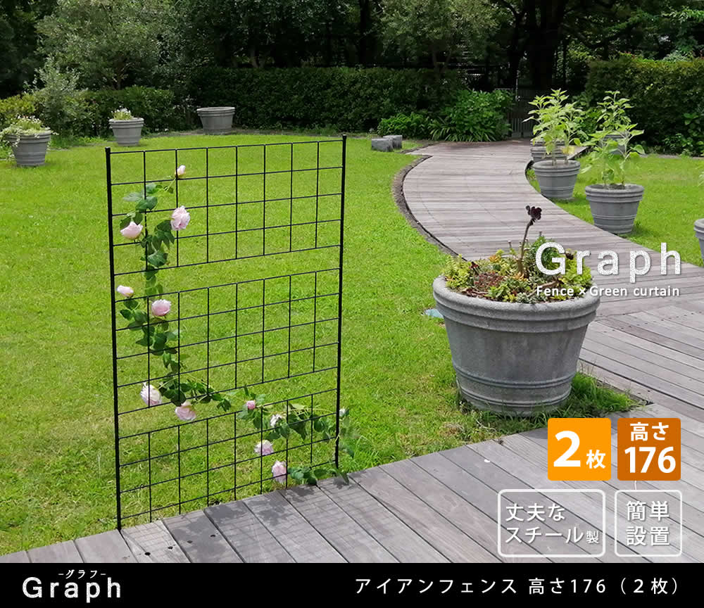 住まいスタイル アイアンフェンス 高さ176 「グラフ」 2枚組【送料無料　フェンス　アイアン　ガーデンフェンス　ガーデニング 枠　柵　仕切り　目隠し　境目　クラシカル　アンティーク　格子　ベランダif-gr023-2p
