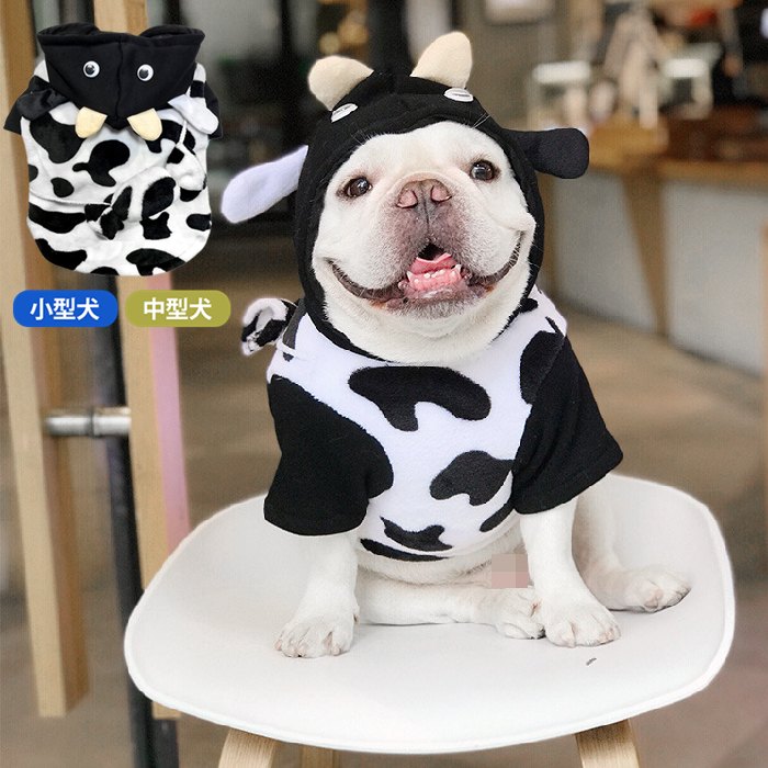 【売り尽くし】犬服 秋冬 コスプレ 服 コスチューム 冬 モコモコ 牛柄 長袖 Tシャツ ハロウィン 暖かい 着ぐるみ 服 牛  SNS インスタ映えもこもこKM984TSkm984ts